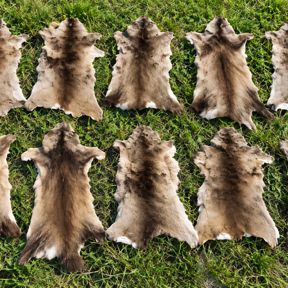 BillyGreen Sparpaket mit 5 ökologisch gegerbten, braunen Rehfellen in 2. Wahl Qualität auf grünem Gras ausgelegt