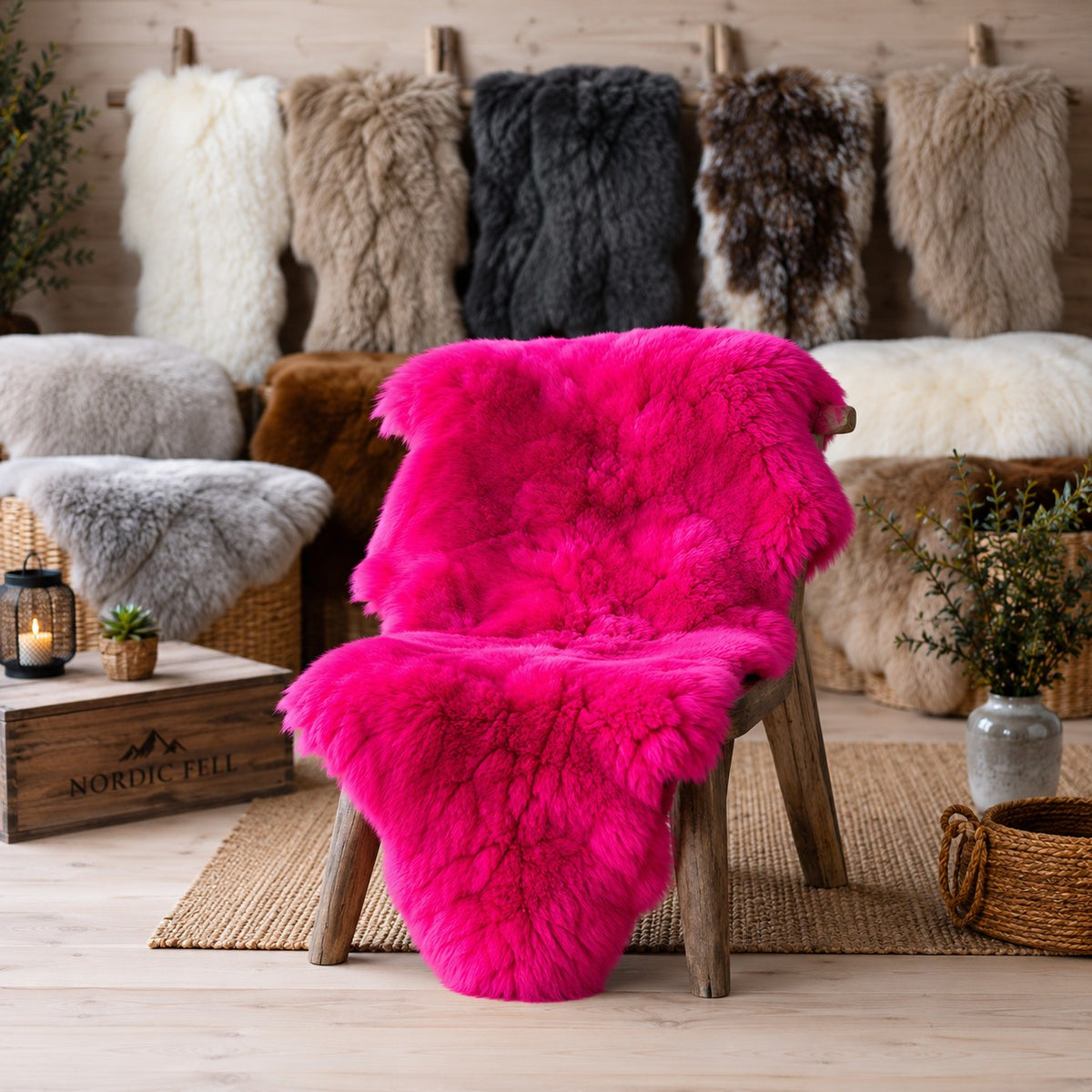 BillyGreen Schaffell in leuchtendem Pink auf einem Holzstuhl, umgeben von weiteren Naturfellen in einer gemütlichen Kulisse