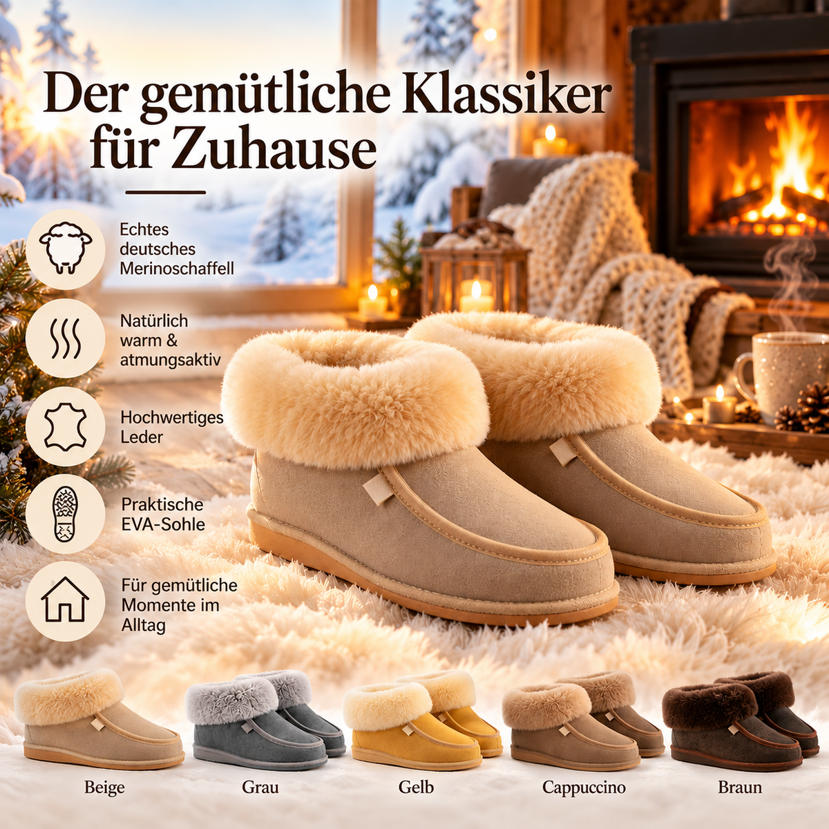 Premium Merinoschaffell-Hausschuhe mit EVA-Sohle
