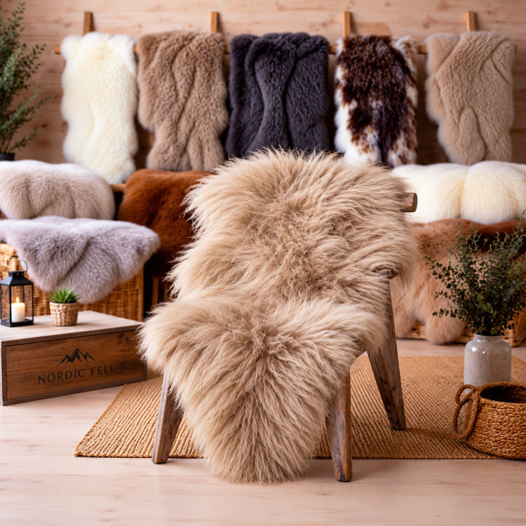 BillyGreen Premium Schaffell in Beige auf einem Holzstuhl, umgeben von weiteren Naturfellen in verschiedenen Farben.