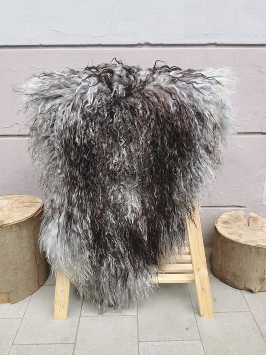 Island Schaffell Grau Geflammt Gelockt - Seltenes Lammfell 80-130 cm