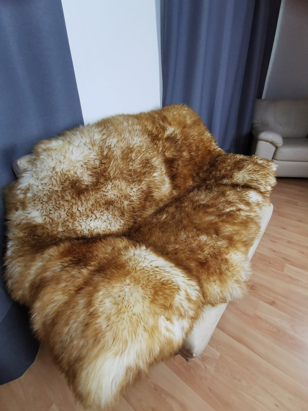 180 x 160cm | XXL Schaffell Echt | Lammfell-Fell-Teppich | Weiß, Braun, Geflammt | 6x vernäht