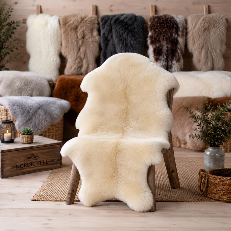 BillyGreen Premium Schaffell in Creme auf einem Holzstuhl, umgeben von weiteren Naturfellen in verschiedenen Farben