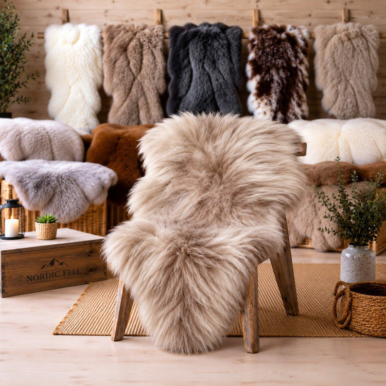 BillyGreen Premium Schaffell in Beige auf einem Holzstuhl in einem gemütlich eingerichteten Raum mit weiteren Fellen