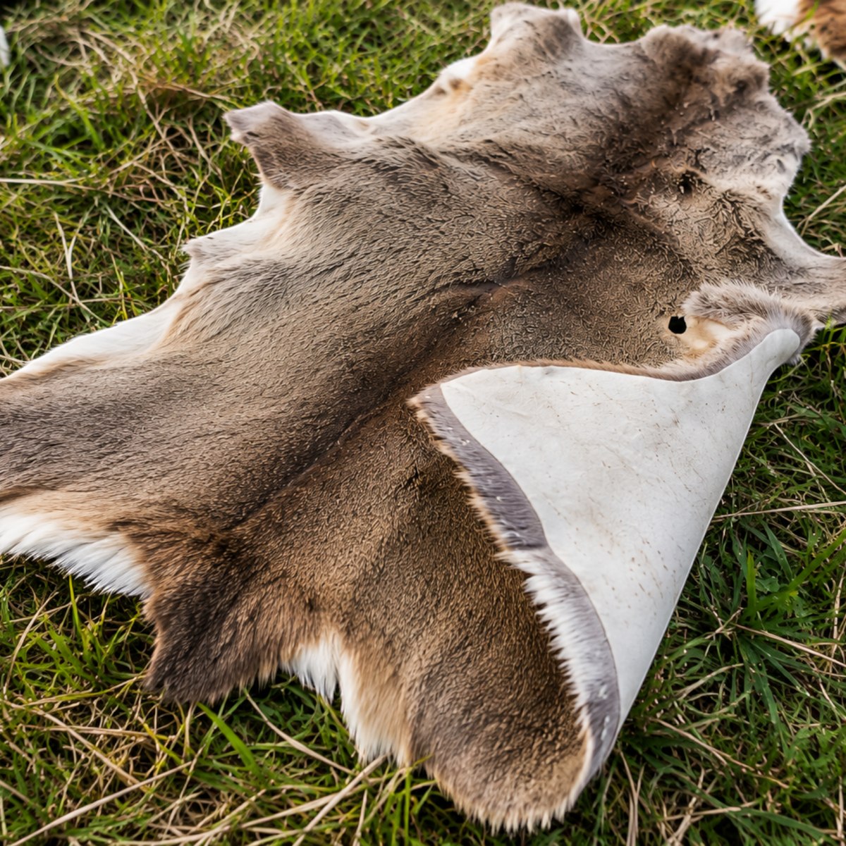 BillyGreen Sparpaket mit 5 ökologisch gegerbten, braunen Rehfellen als 2. Wahl auf grünem Gras ausgelegt