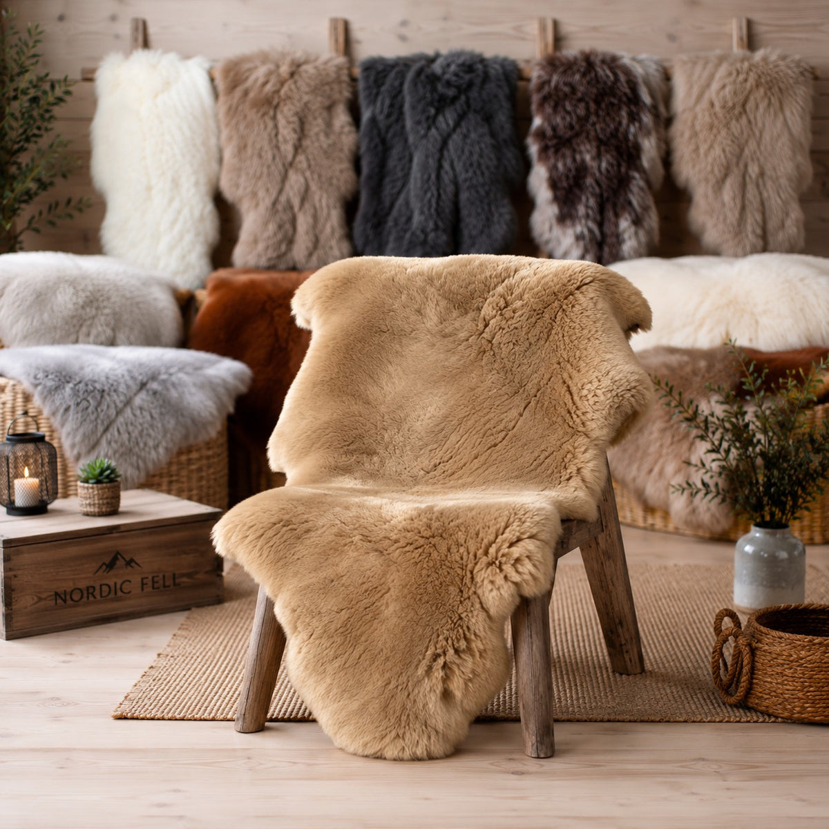 BillyGreen Premium Schaffell in Beige auf einem Holzstuhl, umgeben von weiteren Naturfellen in verschiedenen Farben