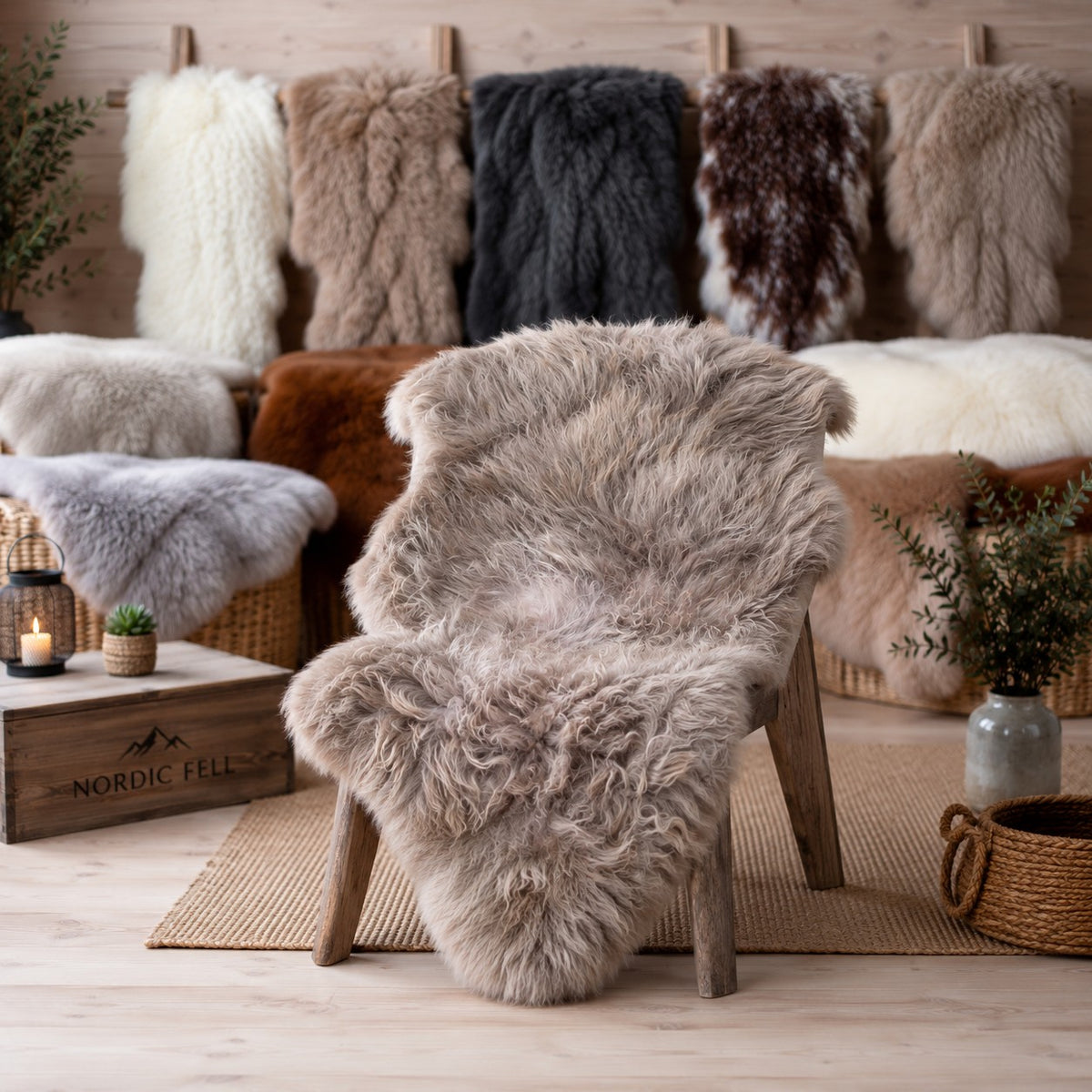 BillyGreen Premium Schaffell in Beige auf einem Holzstuhl in einem gemütlich eingerichteten Raum mit weiteren Fellen