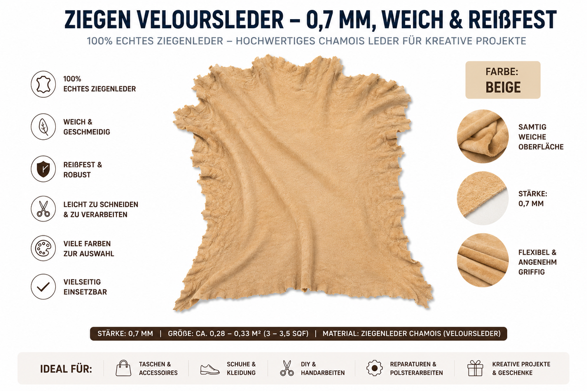 Ziegen Veloursleder / Wildleder - Extra weich & reißfest | 0,7 mm | Viele Farben