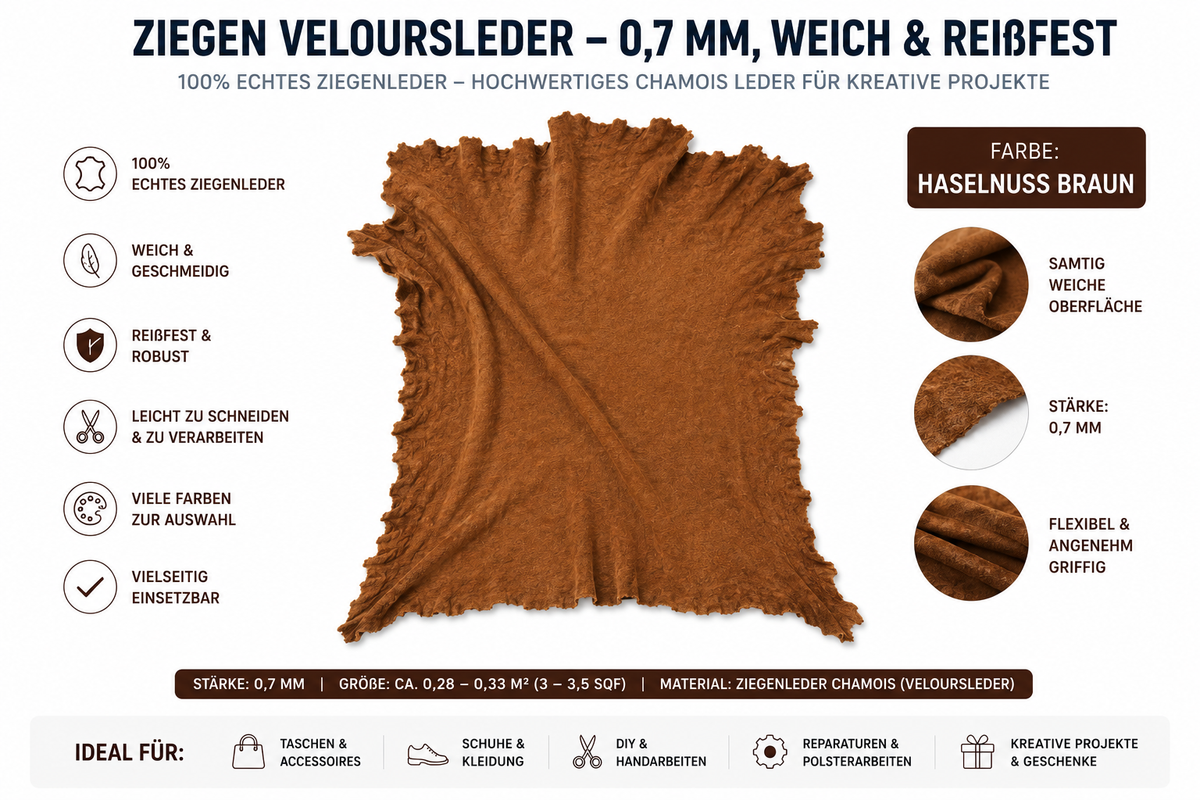 Ziegen Veloursleder / Wildleder - Extra weich & reißfest | 0,7 mm | Viele Farben