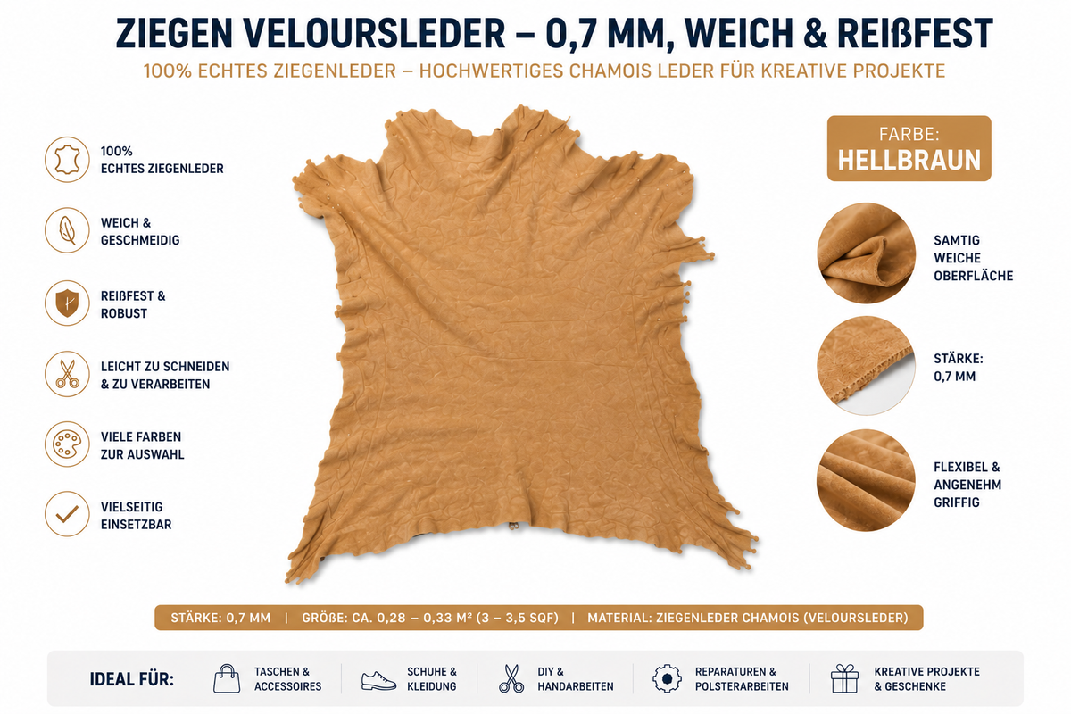 Ziegen Veloursleder / Wildleder - Extra weich & reißfest | 0,7 mm | Viele Farben