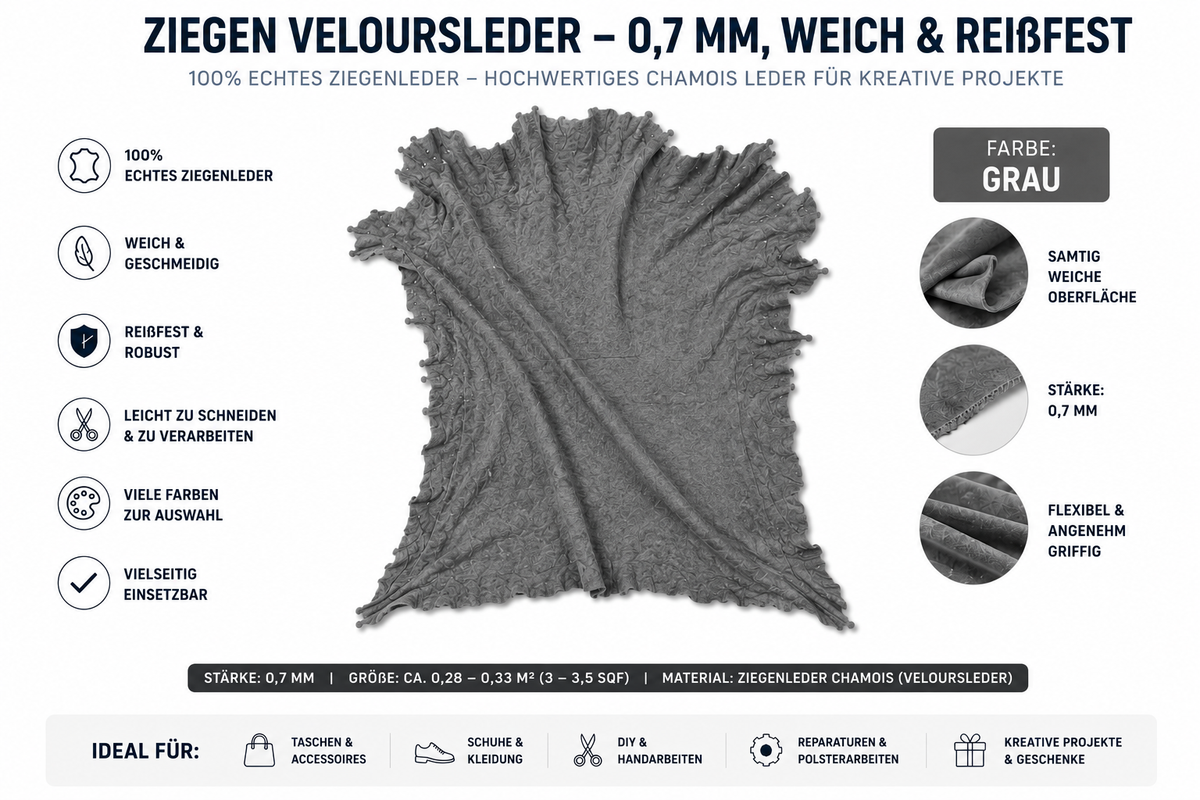 Ziegen Veloursleder / Wildleder - Extra weich & reißfest | 0,7 mm | Viele Farben