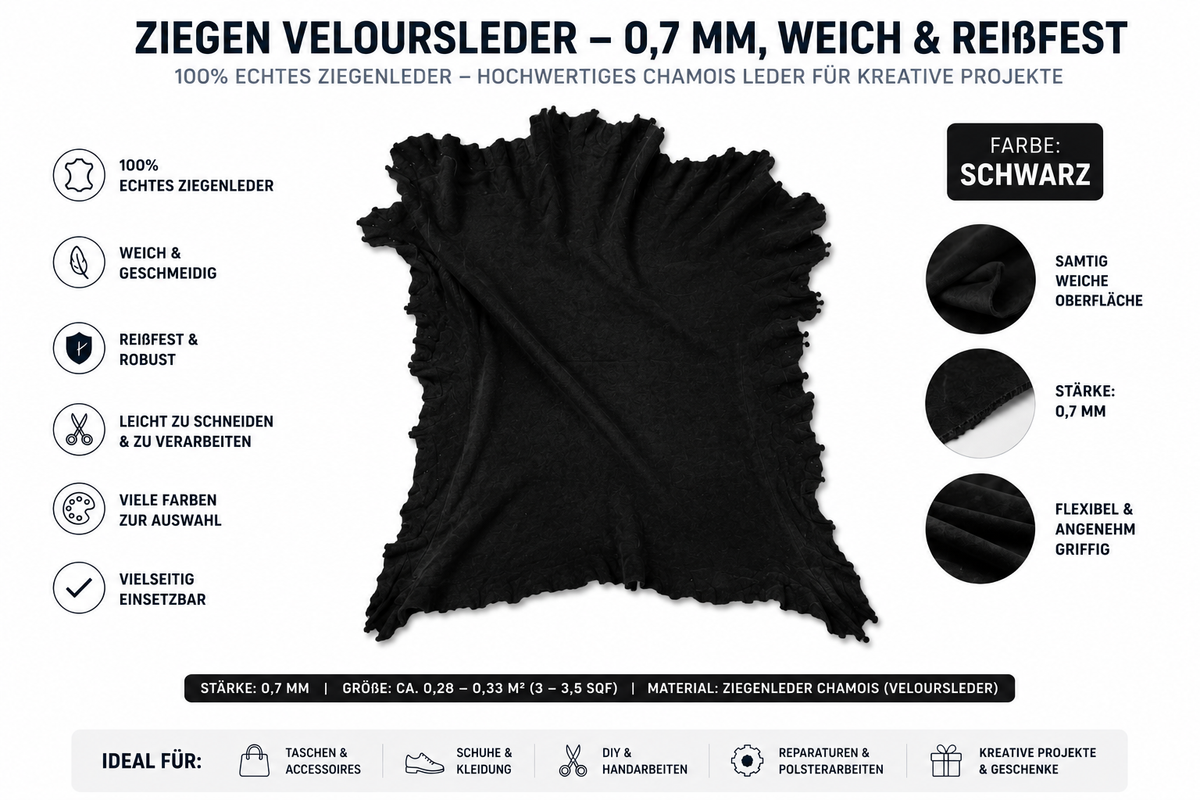 Ziegen Veloursleder / Wildleder - Extra weich & reißfest | 0,7 mm | Viele Farben