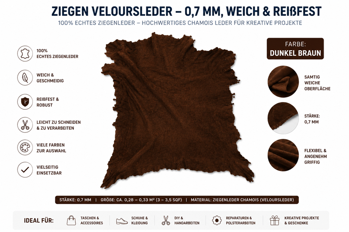 Ziegen Veloursleder / Wildleder - Extra weich & reißfest | 0,7 mm | Viele Farben