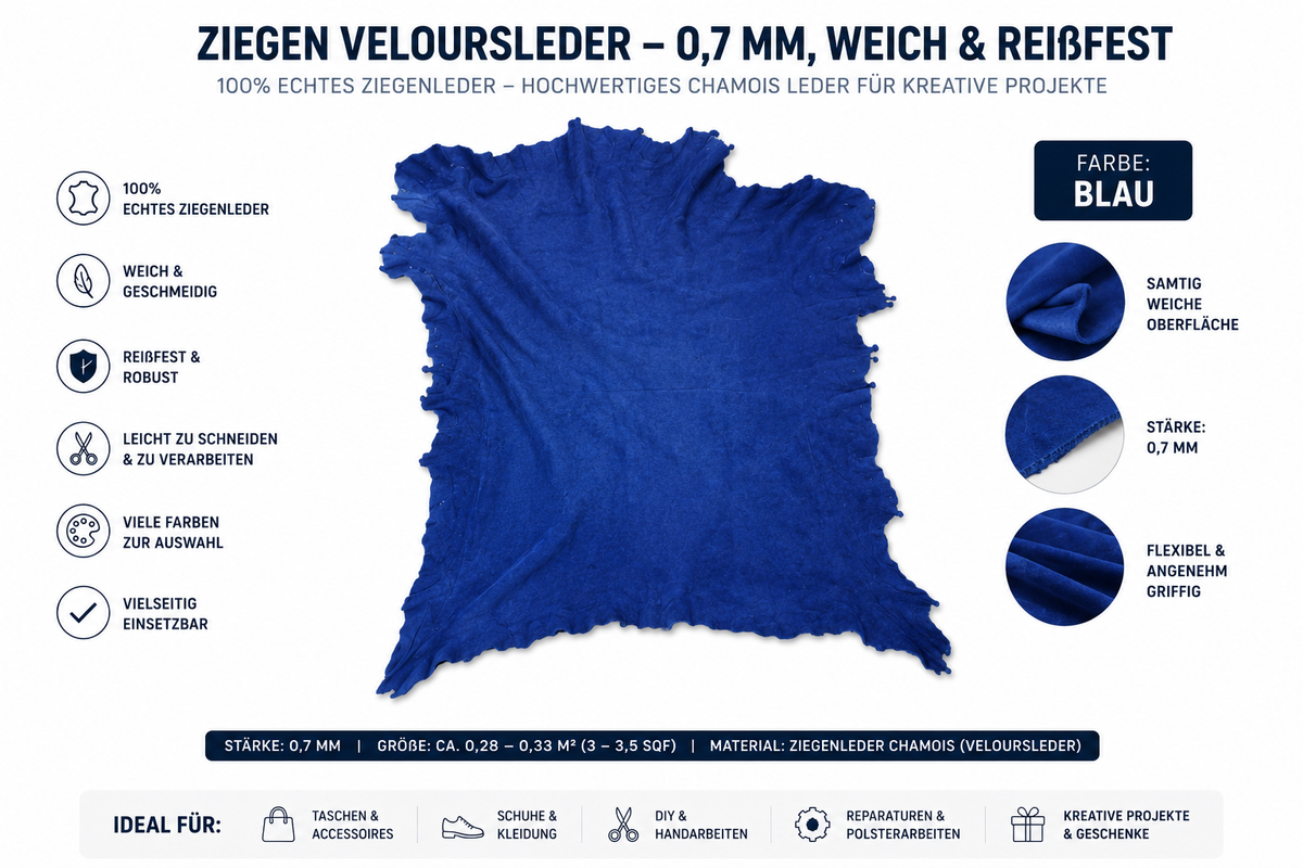 Ziegen Veloursleder / Wildleder - Extra weich & reißfest | 0,7 mm | Viele Farben