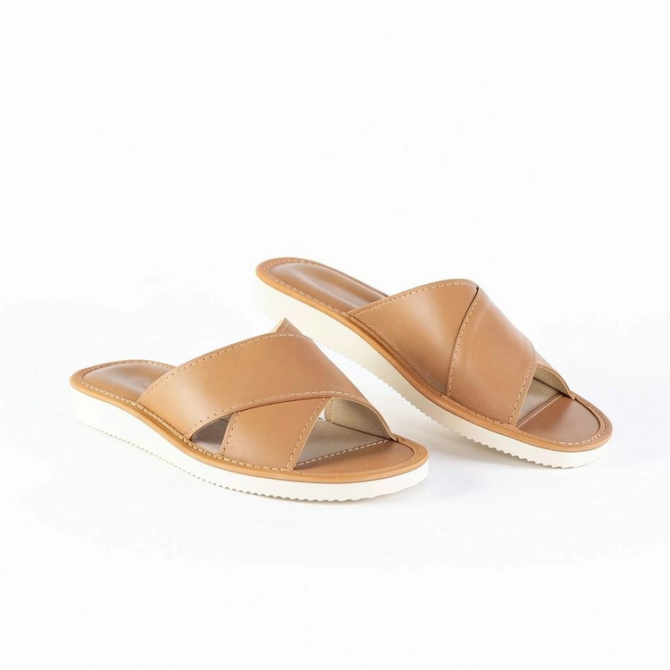 BillyGreen Carmen Comfort Damen-Hausschuhe aus braunem Merinoleder mit rutschfester Sohle und gekreuzten Riemen