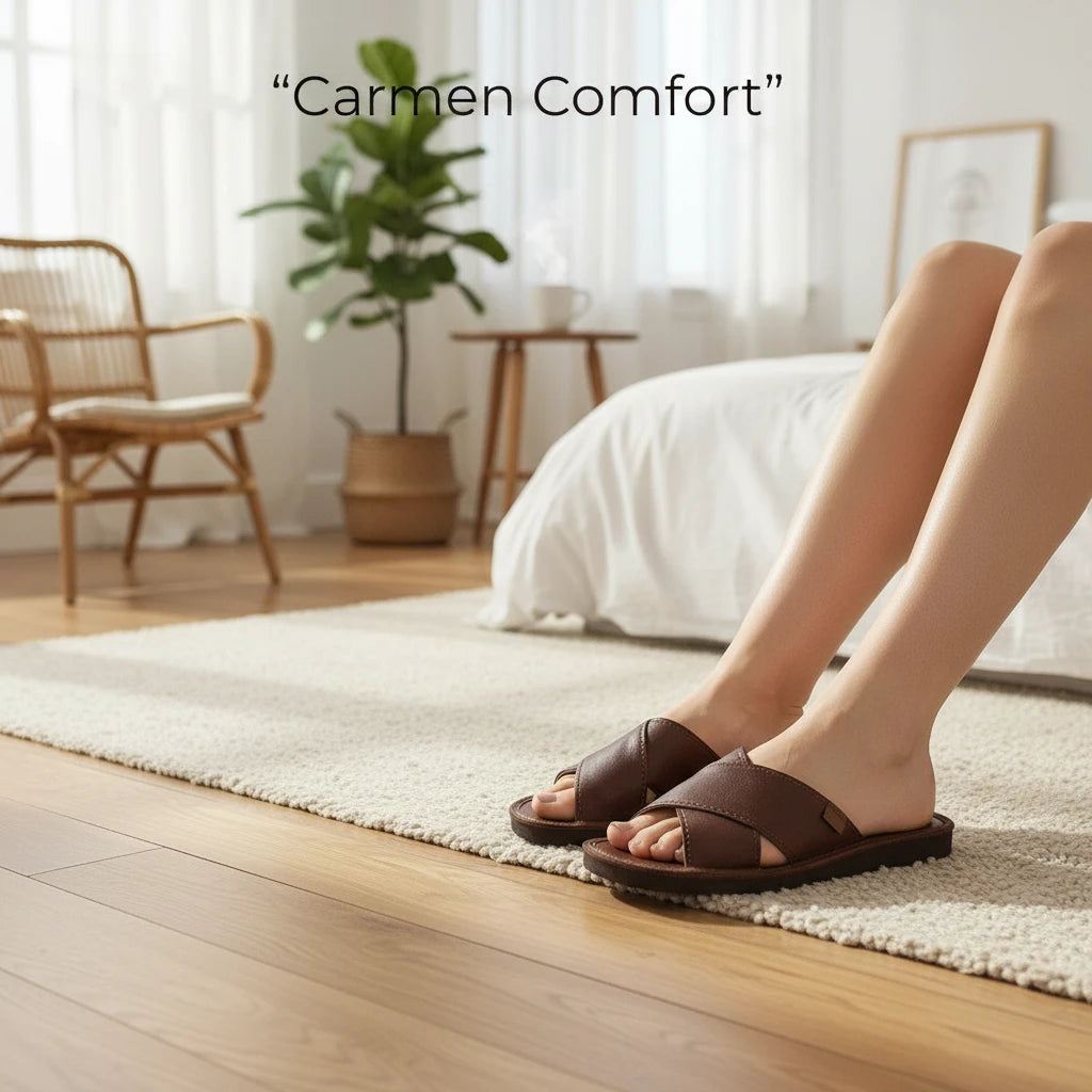 BillyGreen Carmen Comfort Damen-Hausschuhe aus braunem Merinoleder mit rutschfester Sohle in einem hellen Schlafzimmer