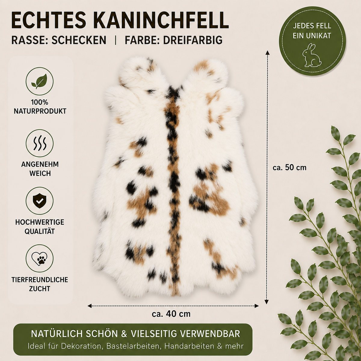 BillyGreen dreifarbiges Schecken Kaninchenfell als weiches Naturprodukt für Dekoration und Handarbeit