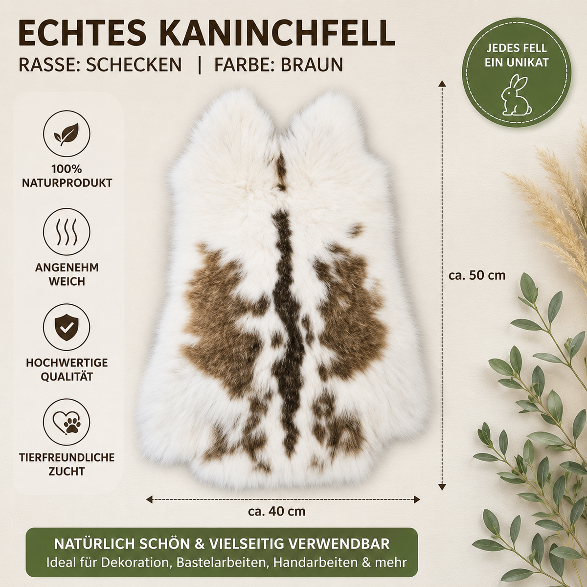 BillyGreen echtes Kaninchenfell in Braun und Weiß mit Schecken-Muster, weich gegerbtes Naturfell für Dekoration