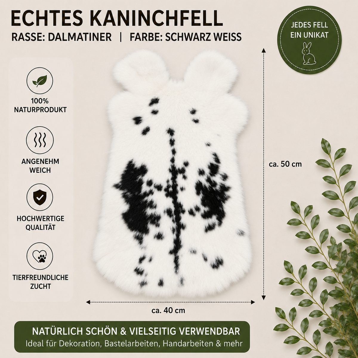 BillyGreen echtes Kaninchenfell Dalmatiner in Schwarz-Weiß, weiches Naturprodukt für Dekoration und Handarbeit