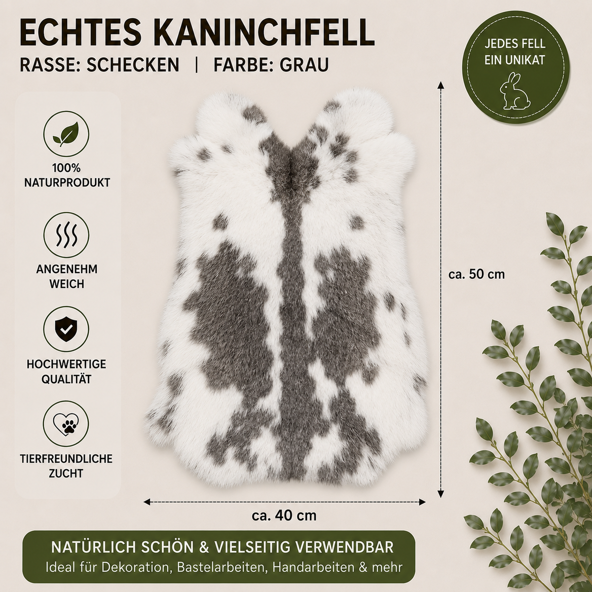 BillyGreen echtes Kaninchenfell in Grau und Weiß mit Schecken-Muster, weich gegerbtes Naturprodukt für Dekoration