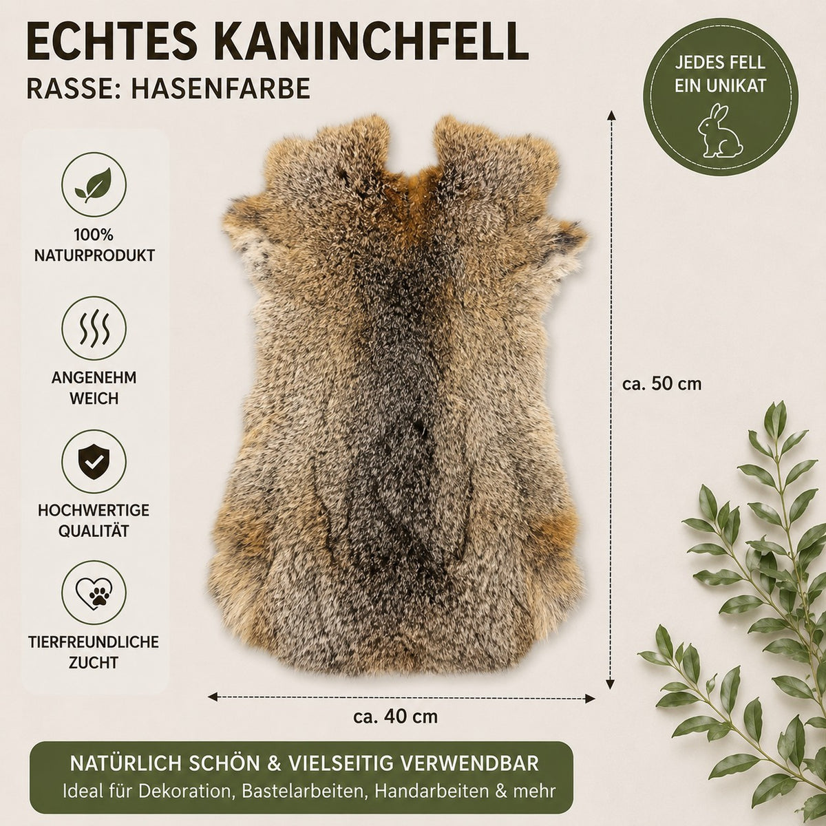 BillyGreen echtes Kaninchenfell in Hasenfarbe, weich gegerbtes Naturprodukt für Dekoration und Handarbeit, 50x40 cm