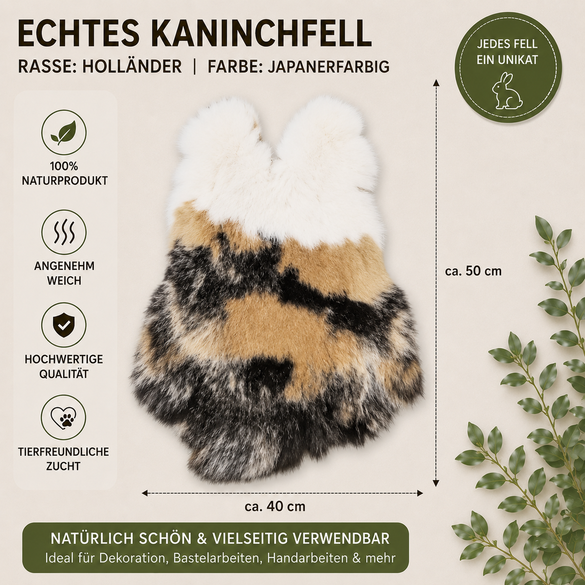 BillyGreen echtes Kaninchenfell in Japanerfarben mit weichem Fell, ideal als Dekoration oder Bastelmaterial