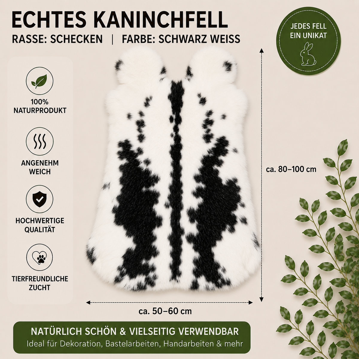BillyGreen echtes Kaninchenfell in Schwarz-Weiß mit Schecken-Muster, weiches Naturfell für Dekoration und Handarbeit