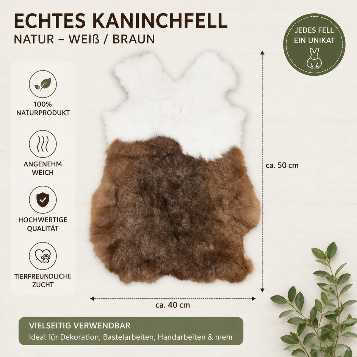 BillyGreen echtes Kaninchenfell in Weiß und Braun, weich gegerbtes Naturprodukt für Dekoration und Handarbeit