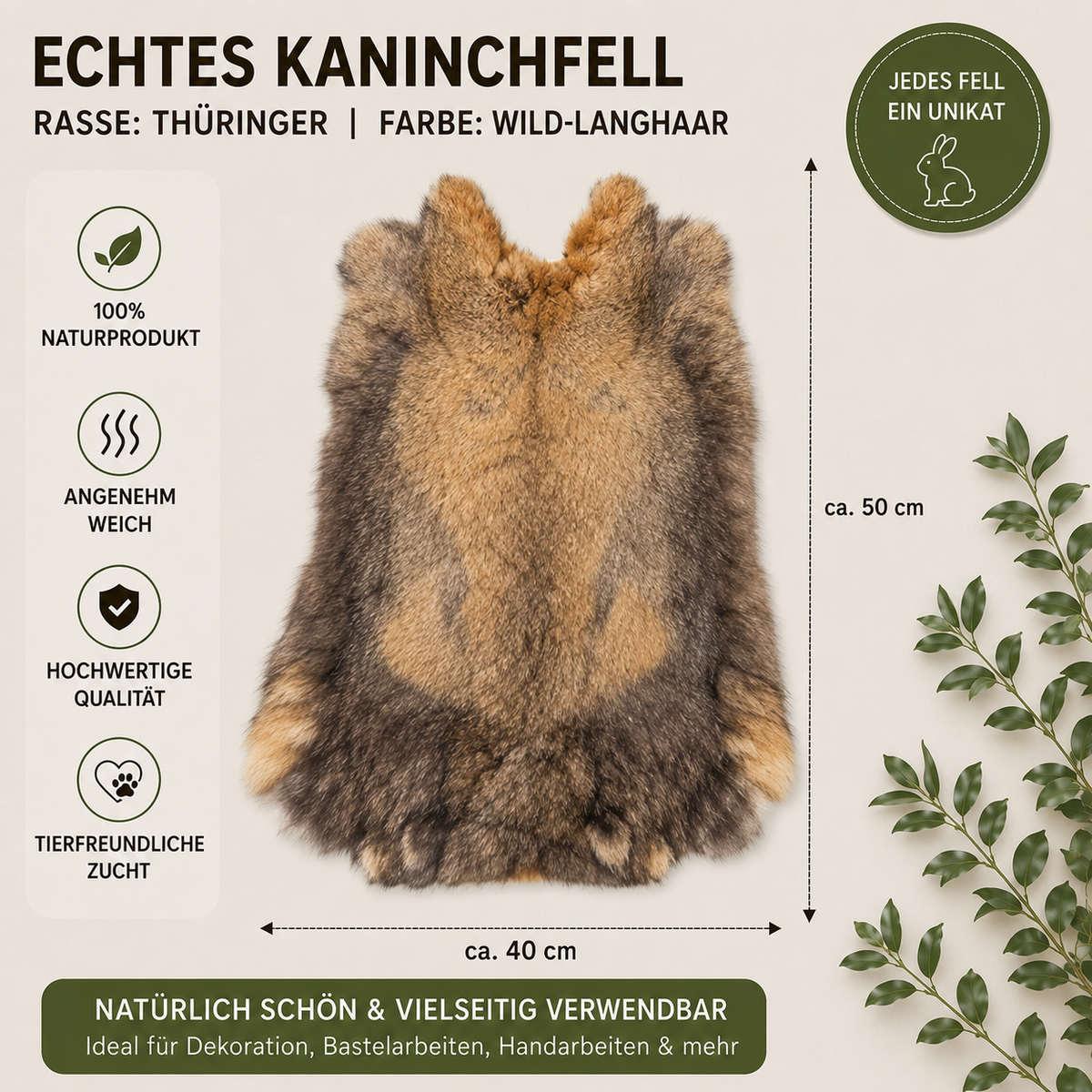 BillyGreen echtes Thüringer Kaninchenfell in Wild-Langhaar Optik, weich gegerbtes Naturprodukt für Dekoration