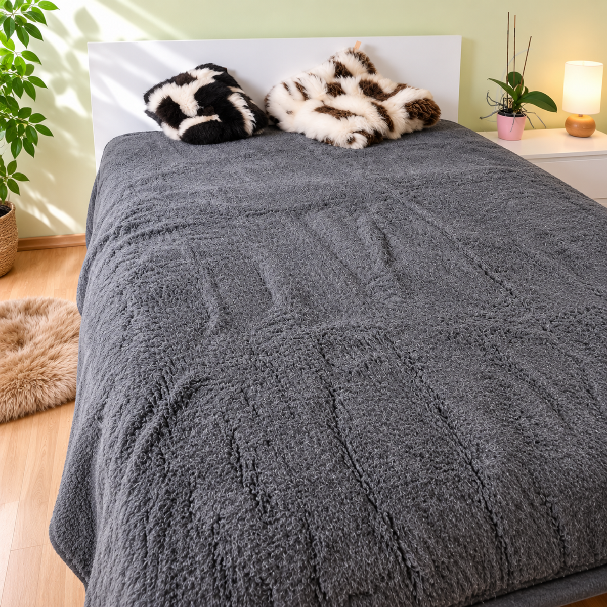 BillyGreen graublaue Merino Wolldecke als Bettüberwurf auf einem Bett mit flauschigen Kissen im Schlafzimmer