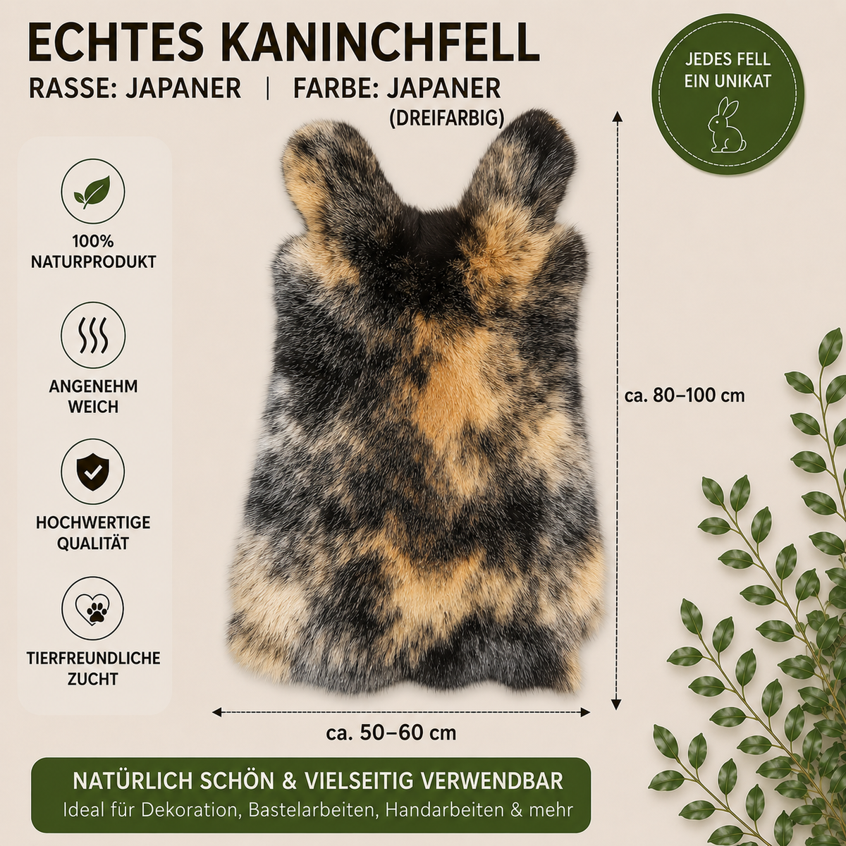 BillyGreen dreifarbiges Japaner Kaninchenfell als weiches Naturprodukt für Dekoration und Handarbeit