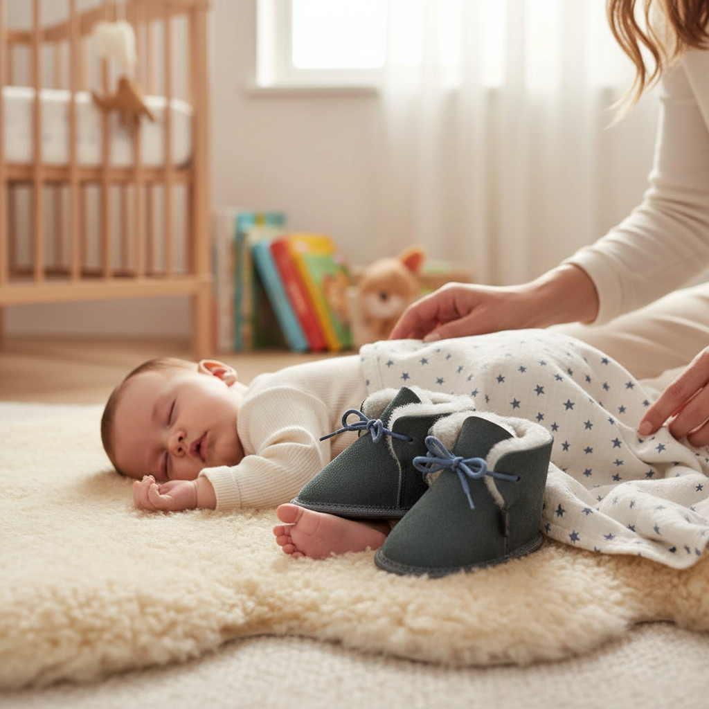 BillyGreen Knirps Baby-Hausschuhe aus grauem Merinoschaffell mit Schnürung neben einem schlafenden Baby auf einem Fell