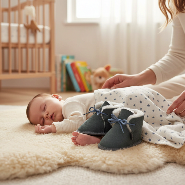 BillyGreen Knirps Baby-Hausschuhe aus grauem Merinoschaffell mit Schnürung neben einem schlafenden Baby auf einem Fell