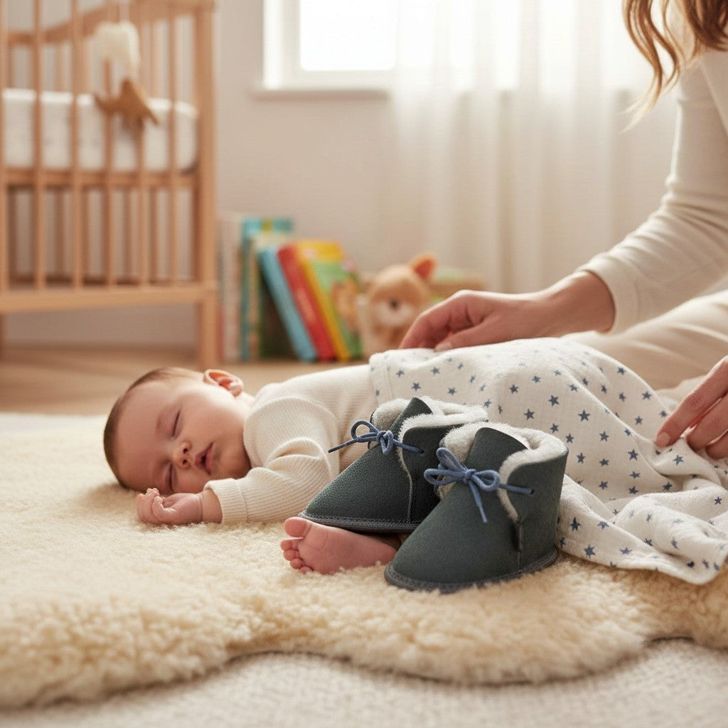BillyGreen Knirps Baby-Hausschuhe aus grauem Leder mit Merinoschaffell-Futter neben einem schlafenden Baby
