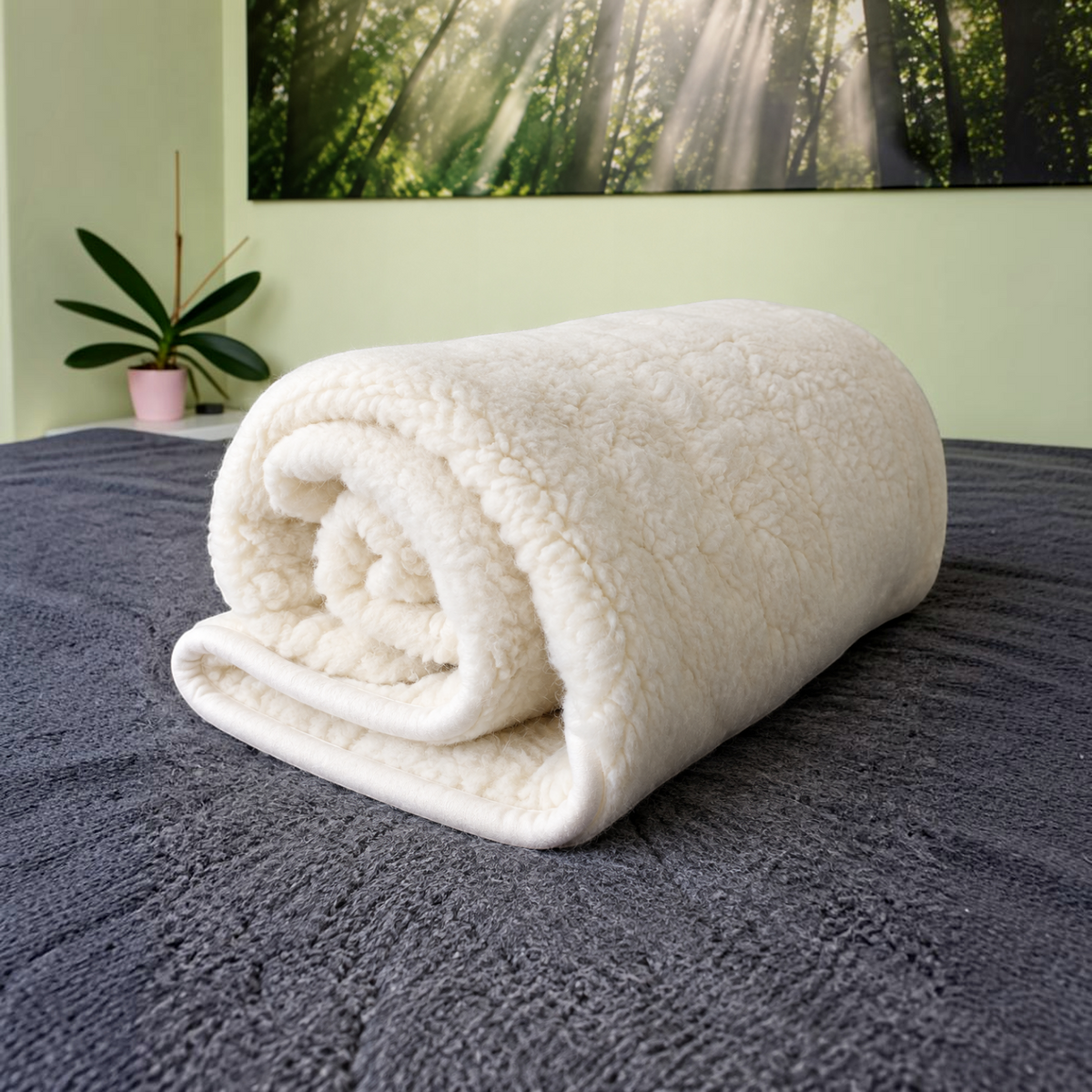 BillyGreen Merino Wolldecke in Creme Natur, weiche Schurwolle als Tagesdecke oder Kuscheldecke auf einem Bett