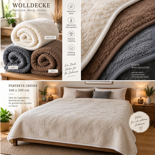 BillyGreen Merino Wolldecke in Naturweiß, Grau und Braun als weiche Tagesdecke auf einem Bett und zusammengerollt.