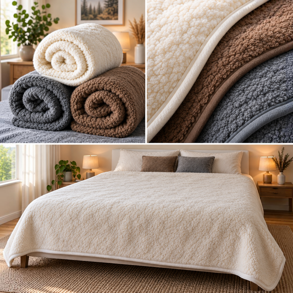 BillyGreen Merino Wolldecken in Creme, Braun und Grau als Tagesdecke auf einem Bett und gerollt präsentiert.