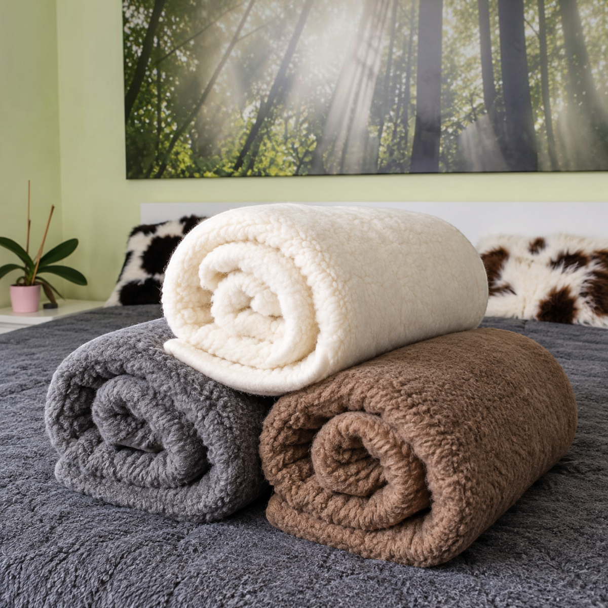 Drei zusammengerollte BillyGreen Merino-Wolldecken in Creme, Grau und Braun auf einem Bett im Schlafzimmer.