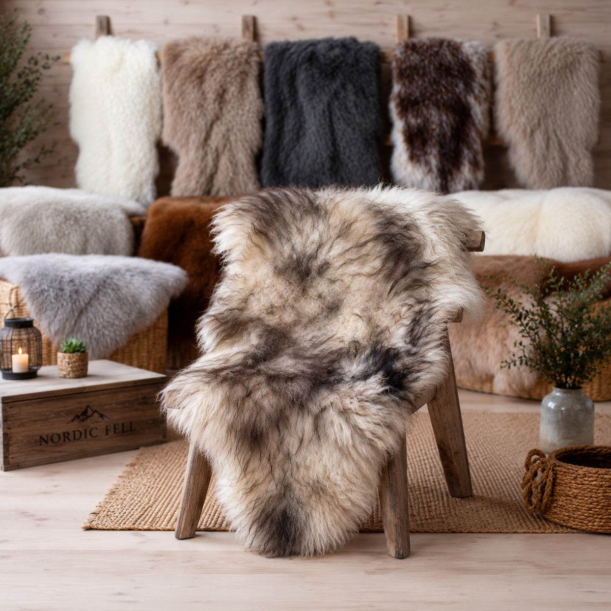 BillyGreen Premium Schaffell in Beige und Braun auf einem Holzstuhl, umgeben von weiteren Naturfellen im Hintergrund.