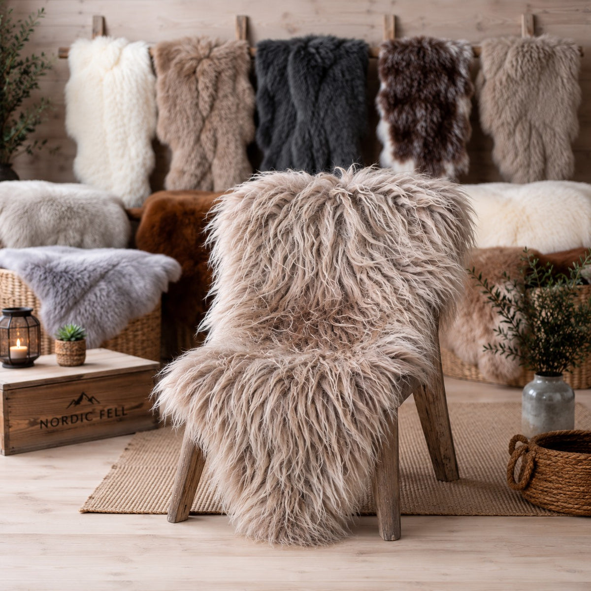 BillyGreen Premium Schaffell in Beige mit langem, flauschigem Haar, drapiert über einem Holzstuhl in gemütlichem Ambiente.