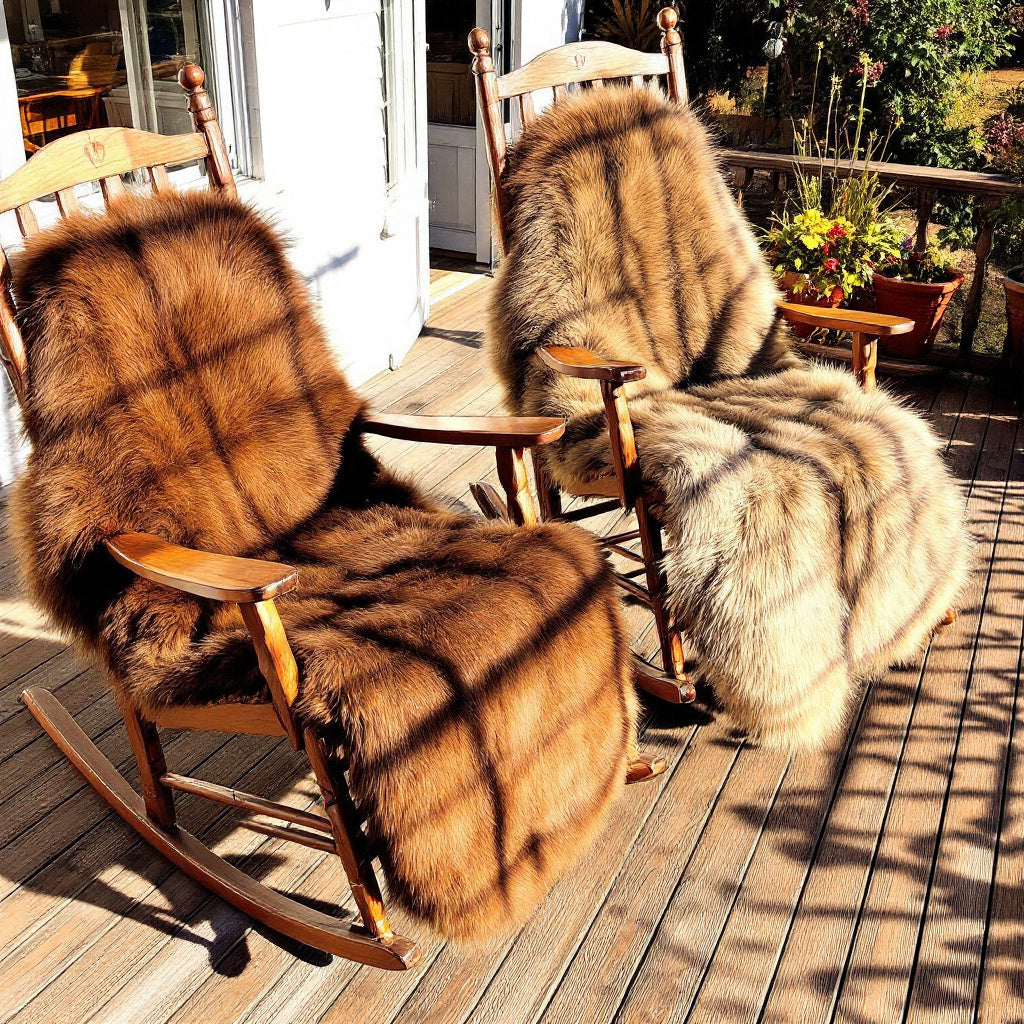 BillyGreen Schaffelle in Natur-Braun und Cappuccino auf zwei hölzernen Schaukelstühlen auf einer sonnigen Terrasse