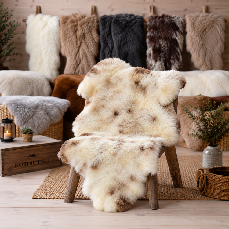 BillyGreen Premium Schaffell in gesprenkeltem Beige auf einem Holzstuhl in einem gemütlichen Wohnraum mit weiteren Fellen
