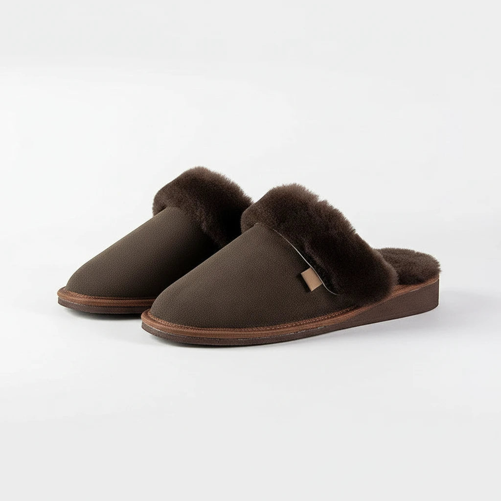 BillyGreen Susie Sanft Damen-Hausschuhe aus braunem Leder mit weichem, dunklem Merinoschaffell-Futter