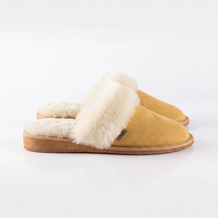 BillyGreen Susie Sanft Damen-Hausschuhe aus gelbem Wildleder mit weichem, beigem Merinoschaffell-Futter