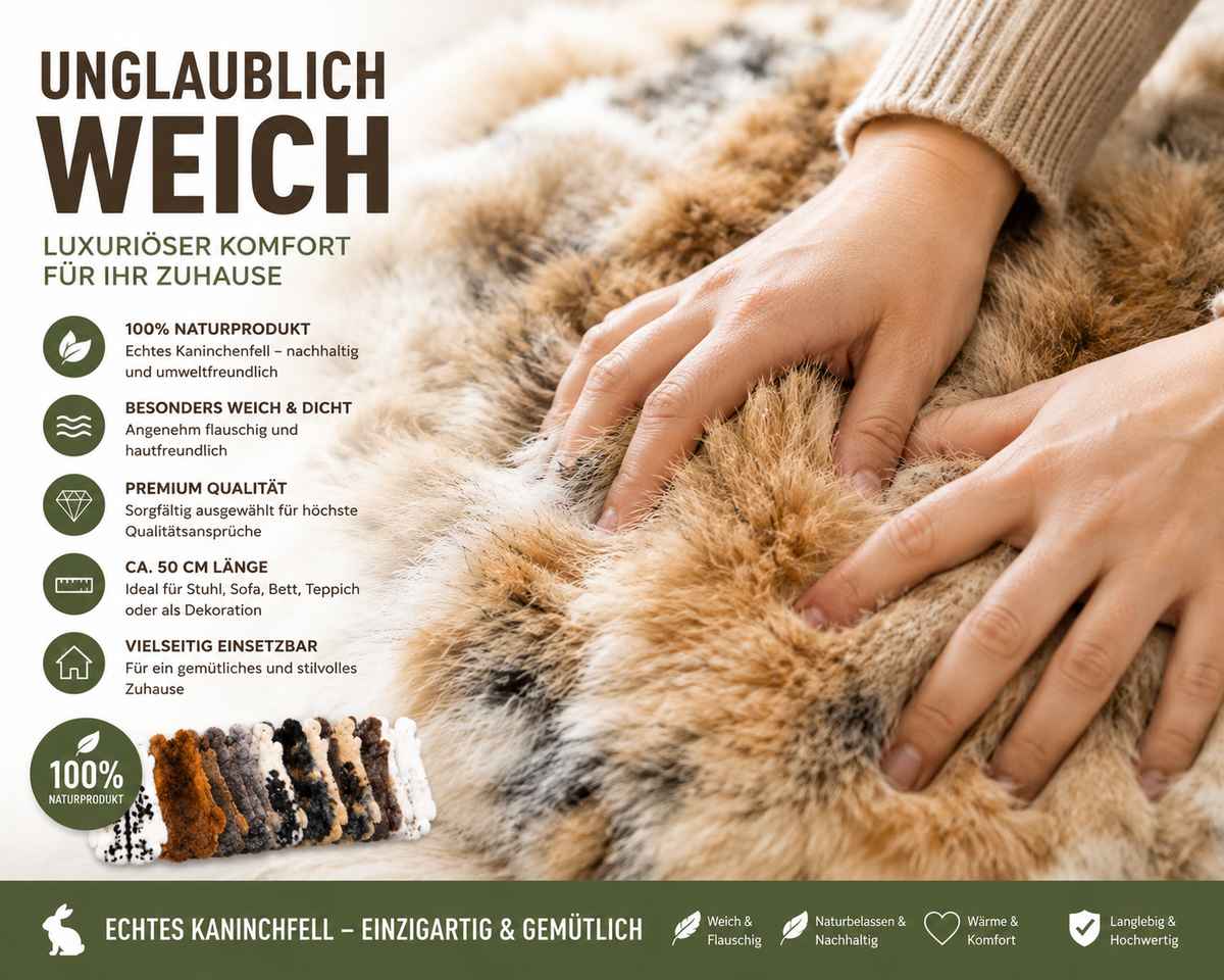 BillyGreen weiches, echtes Kaninchenfell in Naturfarben, ideal als Dekoration oder flauschiges Wohnaccessoire