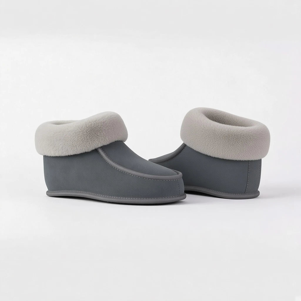BillyGreen Weichewolke Hausschuhe aus grauem Leder mit weichem Merinoschaffell-Futter ohne Sohle