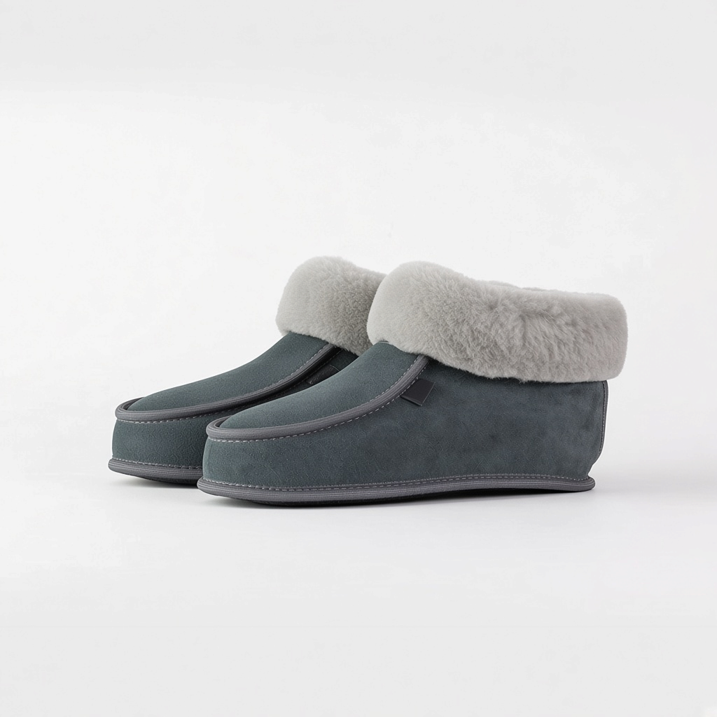 BillyGreen Weichewolke Hausschuhe aus grauem Leder mit weichem Merinoschaffell-Futter ohne Sohle