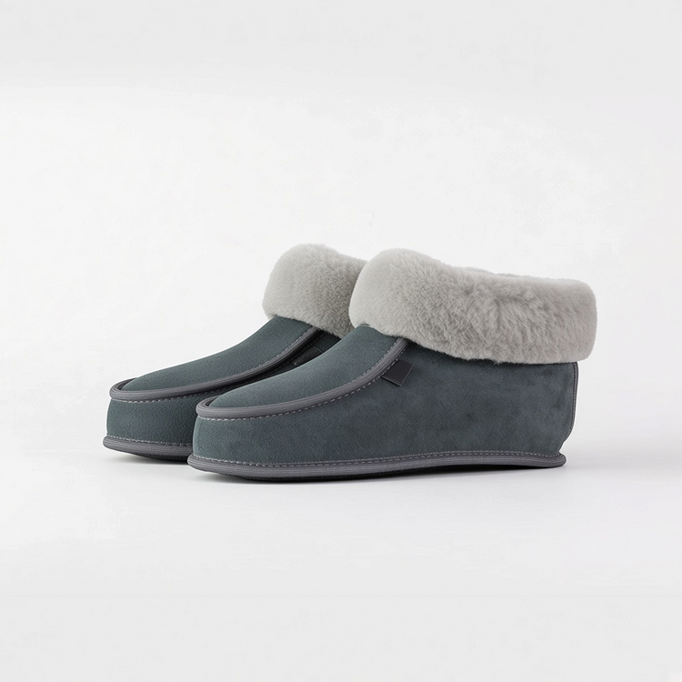 BillyGreen Weichewolke Hausschuhe aus grauem Leder mit weichem Merinoschaffell-Futter ohne Sohle