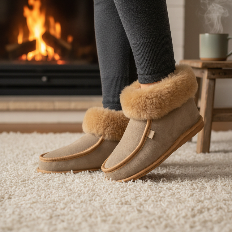 BillyGreen Weichewolke Merinoschaffell-Hausschuhe in Beige mit EVA-Sohle vor einem Kamin im gemütlichen Wohnzimmer