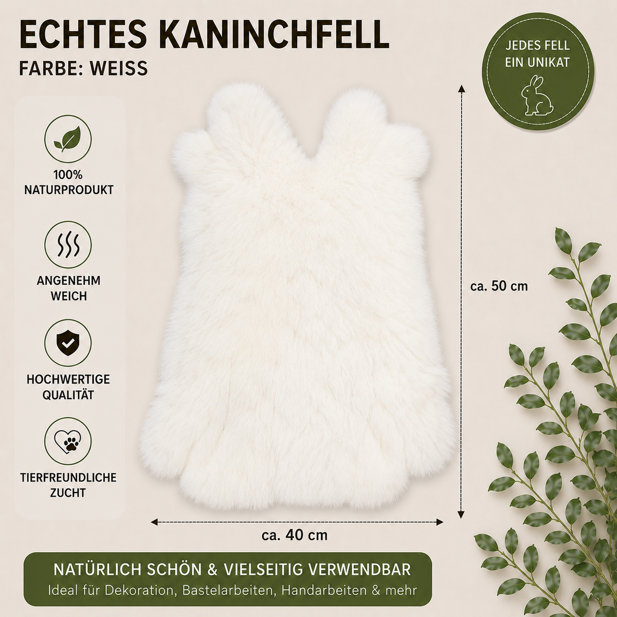 BillyGreen weisses echtes Kaninchenfell als weiches Naturprodukt zur Dekoration und für Bastelarbeiten